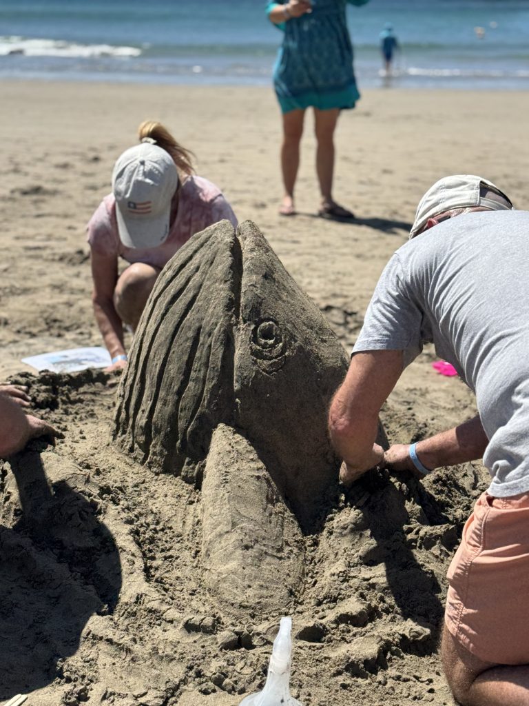 Participants work together to craft an intricate sand sculpture of a fish during a team building sand sculpting challenge at the beach, blending creativity and collaboration.