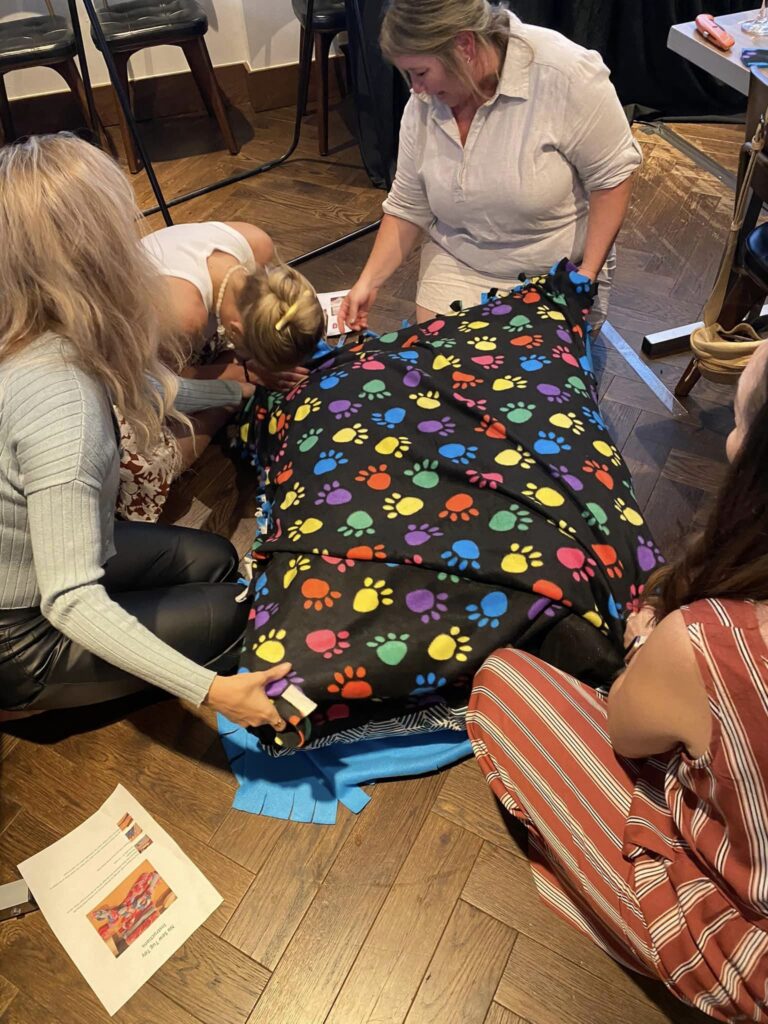 Team members at the Paws For A Cause event work together to craft a colorful dog bed, which will be donated to a local animal shelter as part of this philanthropic team building initiative.