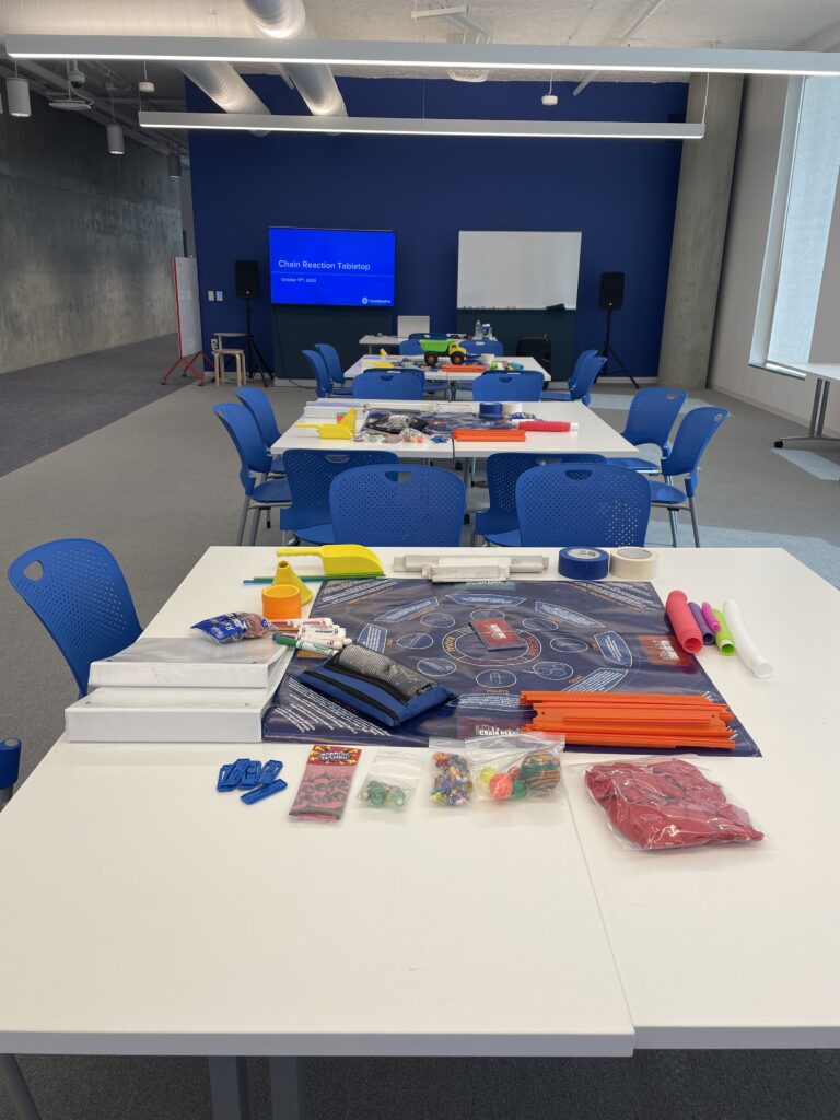 Table setup for a chain reaction team building activity, featuring a game board, colorful building materials, and various tools arranged to inspire creativity and teamwork.