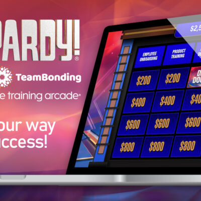 Jeopardy! game display on a laptop screen, showcasing categories like Employee Onboarding, Product Training, Leadership Development, and Safety & Compliance, with dollar amounts beneath. The image promotes a TeamBonding event powered by The Training Arcade with the tagline 'Play your way to success!