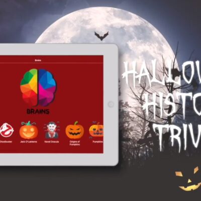 Tablet displaying the Quickfire Halloween trivia game, inviting participants to engage in spooky history and fun-filled challenges during the team building event.